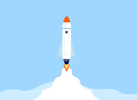 Rocket launch. Space ship launches, simple spaceship on start. New project or business, cartoon flat...