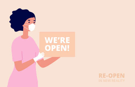 We are open. Shopping store opening, new normal or business reopen. Woman hold welcome banner, marketing message for buyers utter vector poster. Illustration shop open board, poster frontのイラスト素材
