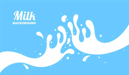 Milk splash banner. Dairy splashes, white creamy liquid drops. Fresh farm food, milky flow element. Flat milkshake wave recent vector poster. White flow milk cream, liquid dairy splash illustrationのイラスト素材