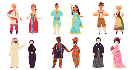 Diverse nationality people. Group together, multiethnic young cartoon characters. Interracial couple, international demographic decent vector set. People young woman and man illustrationのイラスト素材