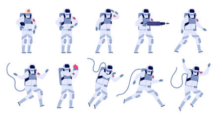 Cartoon astronaut. Flat astronauts group, astronomy party characters. Spaceman costume design, adult cosmonaut in universe utter vector set. Illustration space astronaut, spaceman cartoonのイラスト素材