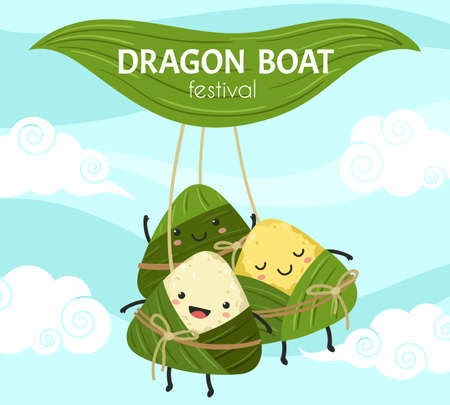 Rice dumpling festival. Asian dumplings, chinese food. Cartoon dragon boat festival, bamboo leaves and zongzi vector banner. Illustration oriental chinese wrapped dumplings, festival dragon boatのイラスト素材