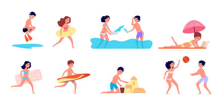 Children on beach. Summer holiday, kids playing water and swim. Child travel on sea, boy makes sand castle. Vacation season utter vector set. Illustration sea beach, kid girl and boy outdoor playのイラスト素材