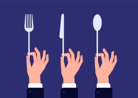 Hands with cutlery. Hand hold spoon, fork knife. Waiter hands holding kitchen utensils, catering in restaurant or gentleman on dinner utter vector concept. Illustration knife and fork, spoon in handsのイラスト素材