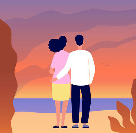 Romantic couple date. Hugging on sunset, tourists in love look on mountain sea landscape. Flat lovers together, seascape utter vector concept. Illustration couple date romantic loveのイラスト素材