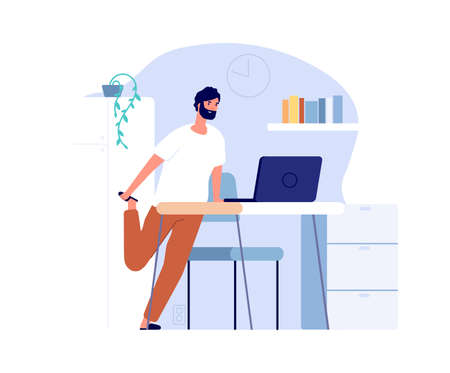 Man doing exercises. Home workout, online sport training. Guy in pajama at office table, remote work vector concept. Illustration fitness exercise, training workout onlineのイラスト素材