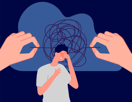 Psychotherapy. Mental disorder, sad man with confused thoughts. Hands unravel the tangled tangle, psycho treatment vector metaphor. Mental psychotherapy and disorder man illustrationのイラスト素材