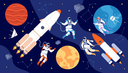 Space explorer set. Moving characters, cosmonaut cartoon in galaxy. Spaceman flying to moon, astronaut planets exploration utter vector concept. Illustration astronaut and cosmonaut in spaceのイラスト素材