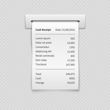 Sales printed receipt, shopping paper bill atm mockup isolated on transparent background. Vector illustrationのイラスト素材