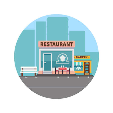 City landscape concept with downtown silhouette and restaurant and bakery colorful front. Vector illustrationのイラスト素材