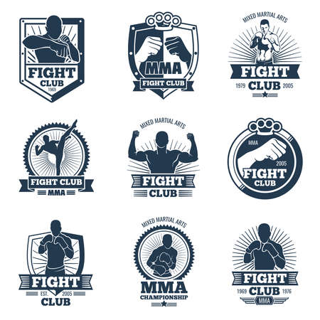Retro mma vector emblems and labels. Fight club vintage logos. Emblem logo sport boxing and mma club illustrationのイラスト素材