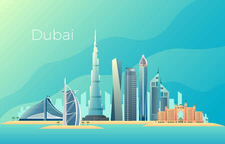 Dubai city landscape. Emirates architecture cityscape vector landmark. Cityscape skyscraper emirates, landscape skyline tower urban building illustrationのイラスト素材