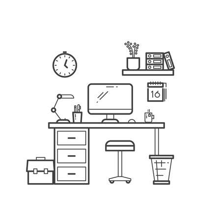 Workspace line concept - outline workplace with computer on white background. Vector illustrationのイラスト素材