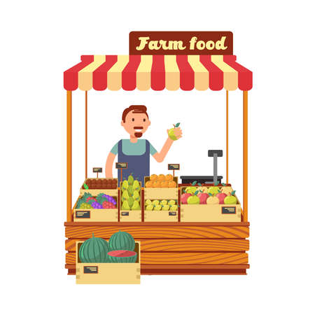 Fruit and vegetable market shop stand with happy young farmer character flat vector illustration. Farm market with fruits, character man seller farm foodのイラスト素材