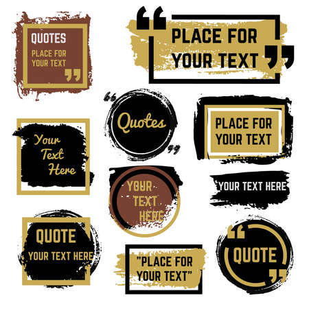 Quotes speech bubbles with frames and distressed rough brush texture vector set. Quotation speech distress frame, grunge bubble brush stroke illustrationのイラスト素材