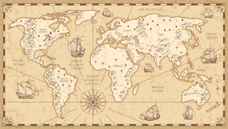 Vintage physical world map with rivers and mountains vector illustration. Retro vintage old world map with antique travel shipのイラスト素材