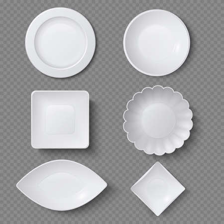 Different shapes of realistic food plates, dishes and bowls vector set. Plate dish for restaurant, empty utensil and dishware illustrationのイラスト素材
