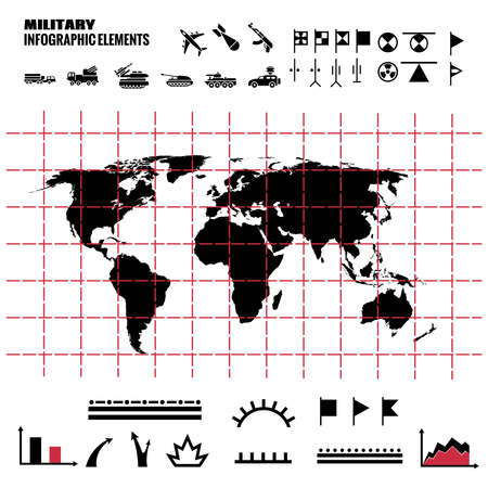 Military infographics elements with world map and icons. Black world map. Vector illustrationのイラスト素材