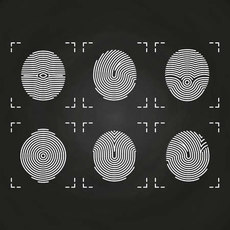 White fingerprints icons collection on chalkboard. Fingerprint identity human, vector illustrationのイラスト素材