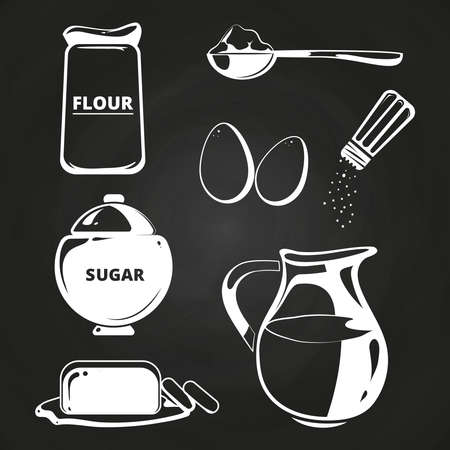 Baking ingredients collection on chalkboard. Collection of ingredients for cook, vector illustrationのイラスト素材