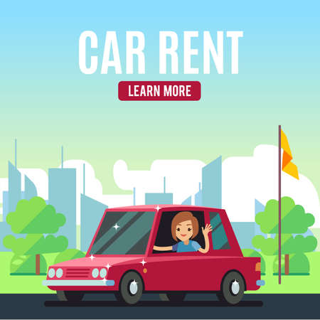 Car rental poster concept. Cartoon-style vector girl on red car. Auto rent business, automobile transportation advertising illustrationのイラスト素材