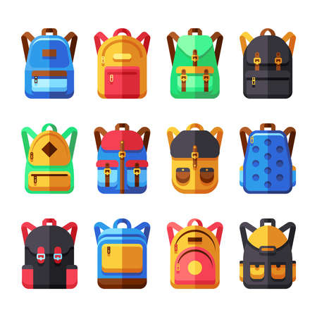 School backpacks vector set. Kids schoolbag flat collection. Backpack and schoolbag illustrationのイラスト素材