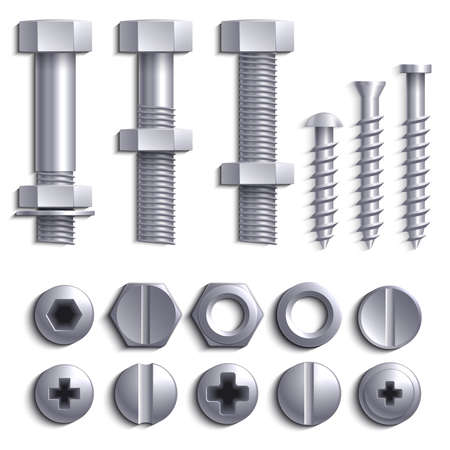 Metal screws, steel bolts, nuts, nails and rivets isolated on white vector set. Construction steel screw and nut, rivet and bolt metal illustrationのイラスト素材