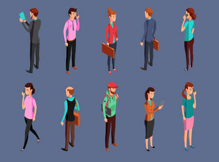 Different office people standing and using gadgets. Isometric woman and businessman vector illustrationのイラスト素材