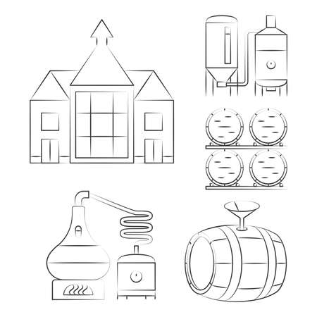 Whiskey thin line icons - outline whisky process logos. Vector illustrationのイラスト素材