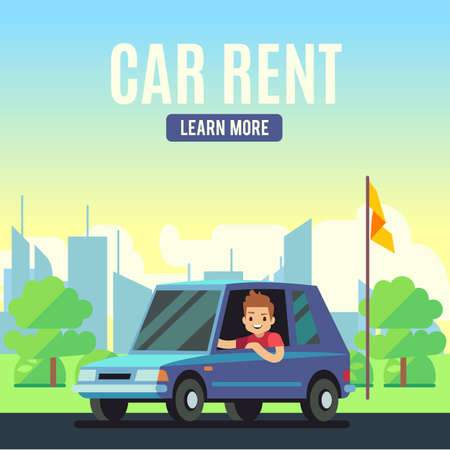 Car rental poster concept. Cartoon-style vector young man on blue car on pastoral background. Automobile rent poster illustrationのイラスト素材