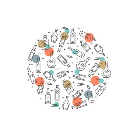 Alcoholic circle concept - alco bottles icons on white background. Vector illustrationのイラスト素材