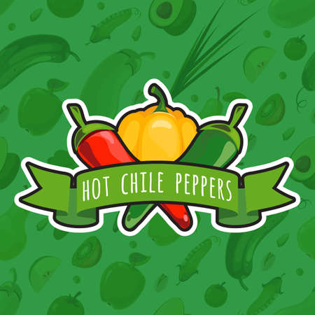 Vector emblem with colorful peppers. Mexican green fresh pepper illustrationのイラスト素材
