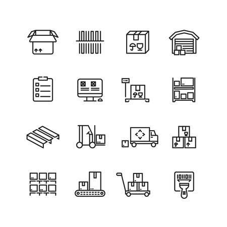 Storage service, warehouse, package delivery and equipment vector line icons. Freight and package, cargo container storage illustrationのイラスト素材