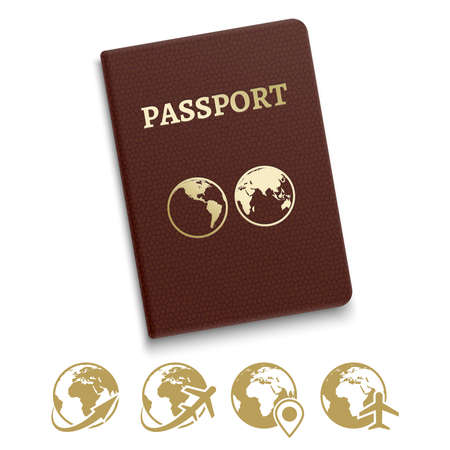 Red cover passport and travel and navigation icons. Vector illustrationのイラスト素材