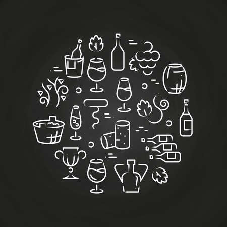 Drinks line icons - wine logo on chalkboard. Glass drawing alcohol, vector illustration