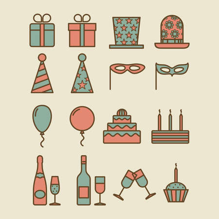 Colorful vintage party icons. Gift box and mask, balloon and cake retro styled signsのイラスト素材