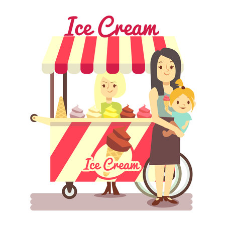 Young girl sells ice cream and mother with baby girl with ice cream isolated on white background. Vector illustrationのイラスト素材