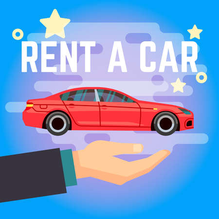 Car rent vector illustration. Hand with flat-style red car on blue background, Rent car template bannerのイラスト素材