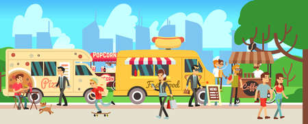 Street food market. People walking city park, cartoon fast food trucks and tents. Man woman eating, skateboarding shopping drink coffee. Outdoor entertainment vector illustrationのイラスト素材