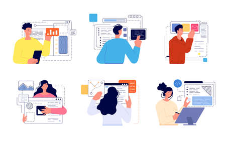 People develop app. Web development, developer easy information update. Abstract banners, phone application or software designer utter vector setのイラスト素材