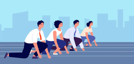 Start to business race. People ready races, flat man woman in suit started run. Running focused managers, work competition utter vector conceptのイラスト素材