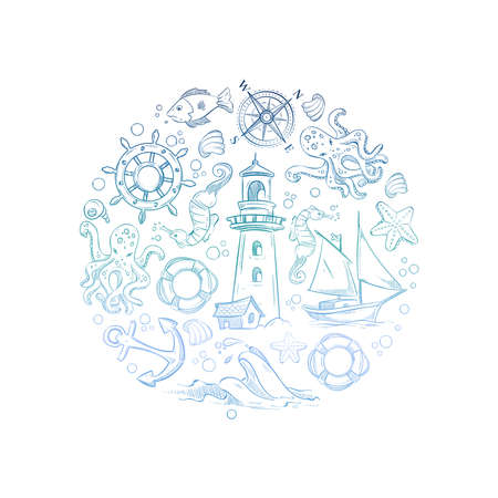 Sea underwater life, colorful marine banner concept. Marine seashell and underwater aquatic animals illustrationのイラスト素材