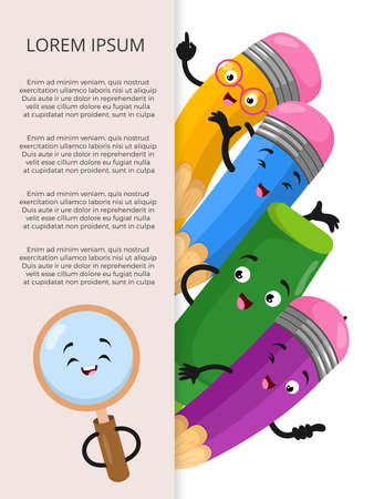 Banner template with cartoon stationery elements. Colored pencils various vector illustrationのイラスト素材