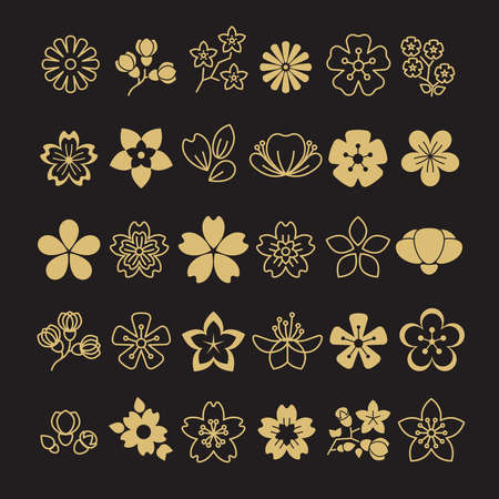 Big set of golden blossom flowers, leaves and branches. Vector illustrationのイラスト素材