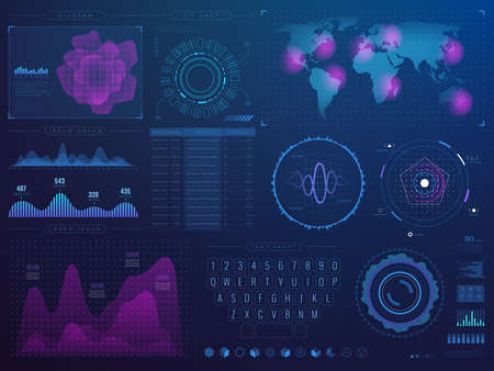Futuristic hud interface. Science future tech vector ui with infographic elements. Vector digital...