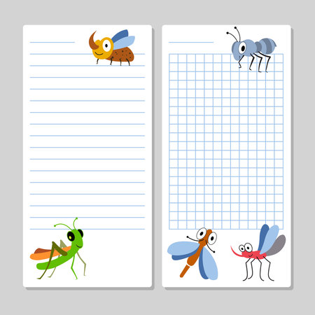 Lined notebook pages template with cartoon insects isolated. Vector illustrationのイラスト素材