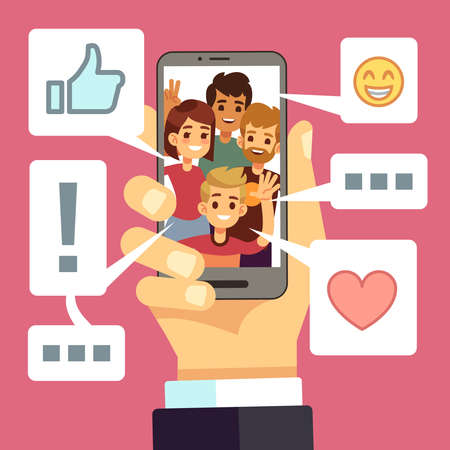 Video content sharing on smartphone screen. Friends comment and like vlog. Video streaming vector concept. Smartphone with comment and feedback reaction illustrationのイラスト素材