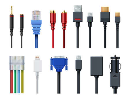 Cable wire computer video, audio, usb, hdmi, network and electric conectors and plugs vector set isolated. Socket and wire, connector usb and audio. Vector illustrationのイラスト素材