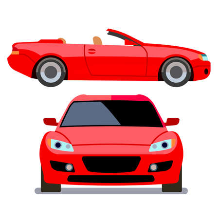 Vector flat-style cars in different views. Red cabriolet transport, illustration of modern machineのイラスト素材