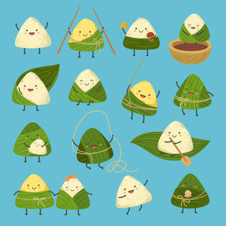 Cartoon dumplings. Dragon boat festival, cute rice dumpling stickers. Comic asian summer food zongzi, adorable chinese holiday exact vector characters. Chinese comic dumpling rice, traditional foodのイラスト素材